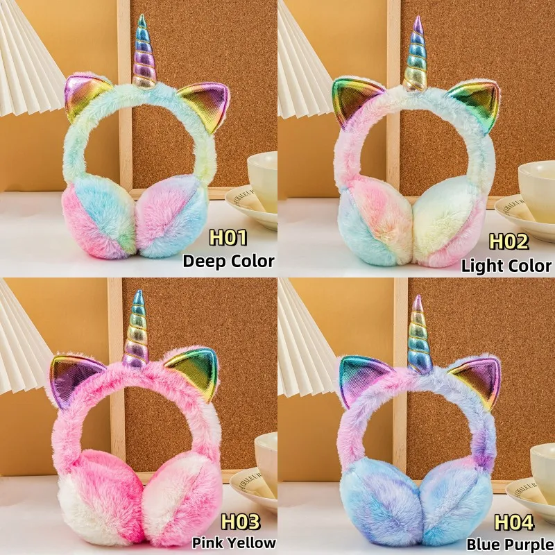 Children Girls Winter Warm Colorful Unicorn Thermal Earmuffs Tie-dye Fur Ears Cover Ski Snow Soft Plush Fluffy Cat Ears Earflap