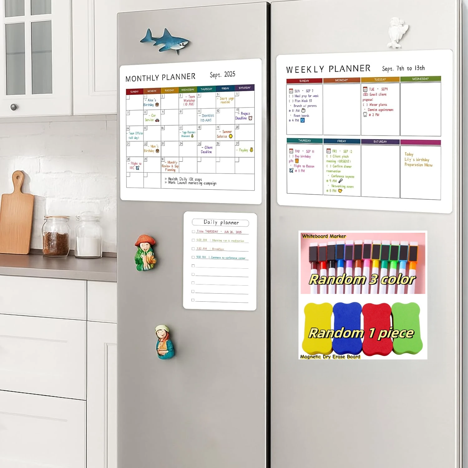 7PCS (Includes 3 Planning Boards + 3 Random Color Pens + 1 Random Color Eraser) Dry Erase Calendar Fridge, Magnetic Calendar Ref