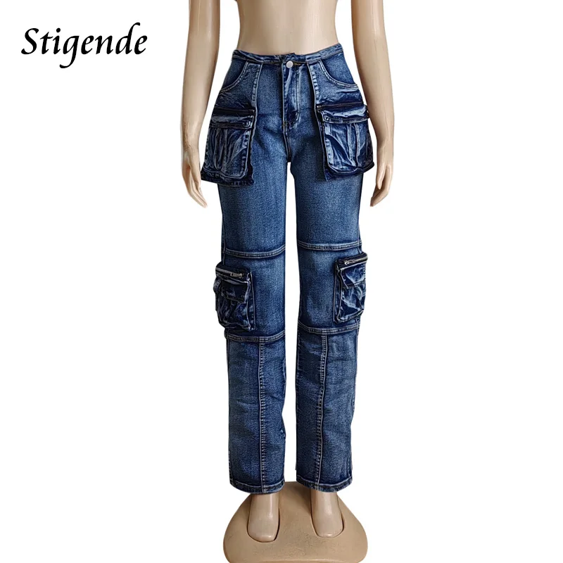 Stigende Wide Leg Multiple Pockets Jeans Women Cargo Denim Pants Y2k Streetwear Patchwork Stretch Straight Jeans