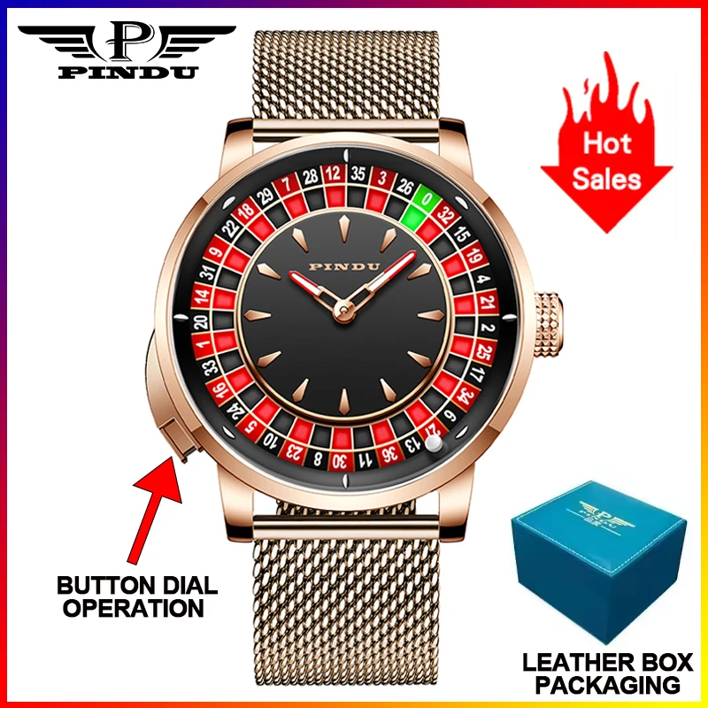 PINDU Design Nieuwe Drukknop Draai Russische Roulette Spel 46MM Mechanisch Herenhorloge NH35A Saffierglas Diamant Wijzerplaat Herenhorloge