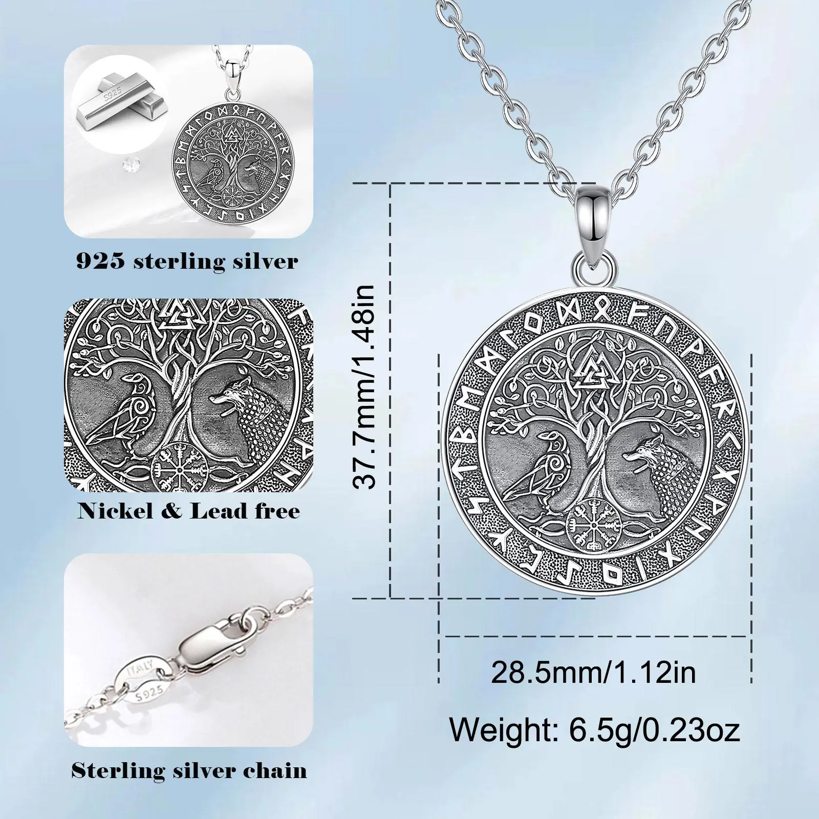 Eudora 925 Sterling Silver Viking Wolf Crow Necklace for Women Man Compass Tree of Life Runes Amulet Pendant Personality Jewelry