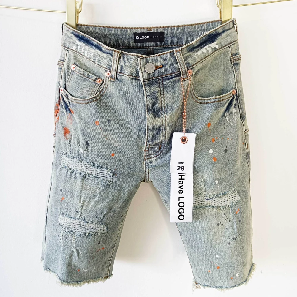 Men High Street Hole Distressed Denim Shorts Streetwear Hip Hop Painting Graffiti Jeans Short Pants