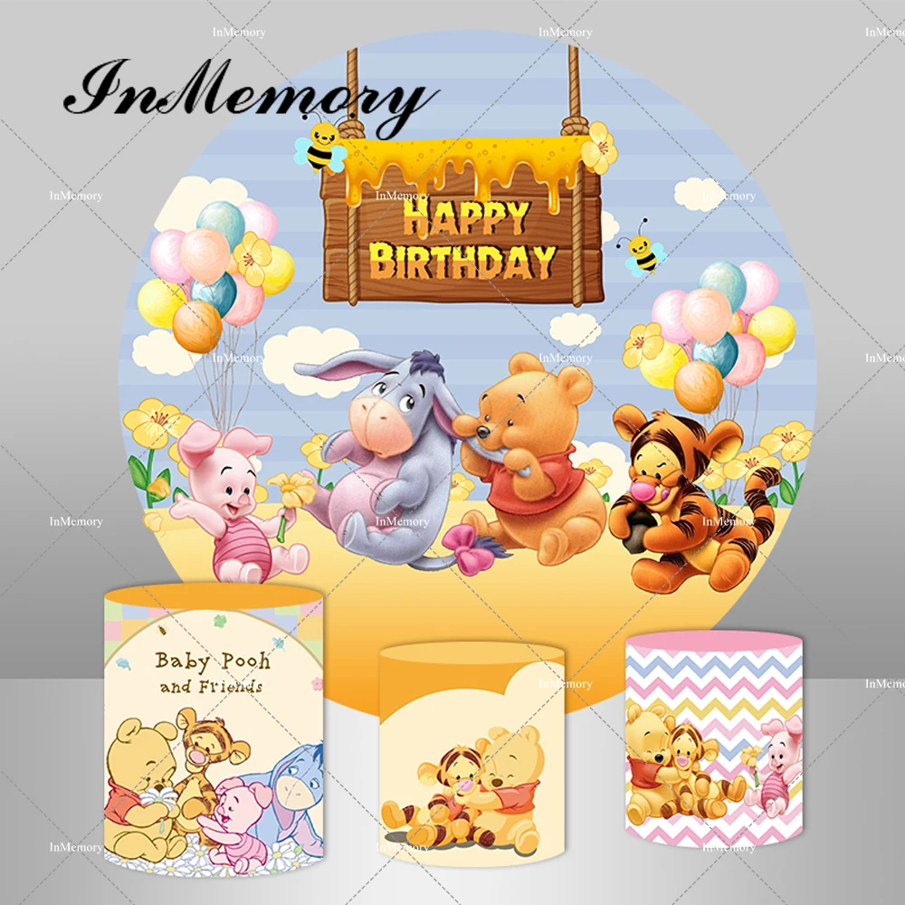 

Baby Winnie The Pooh Bear Round Backdrop Balloons Cartoon Kids Baby Shower 1st Birthday Party Circle Background Pedestal Covers