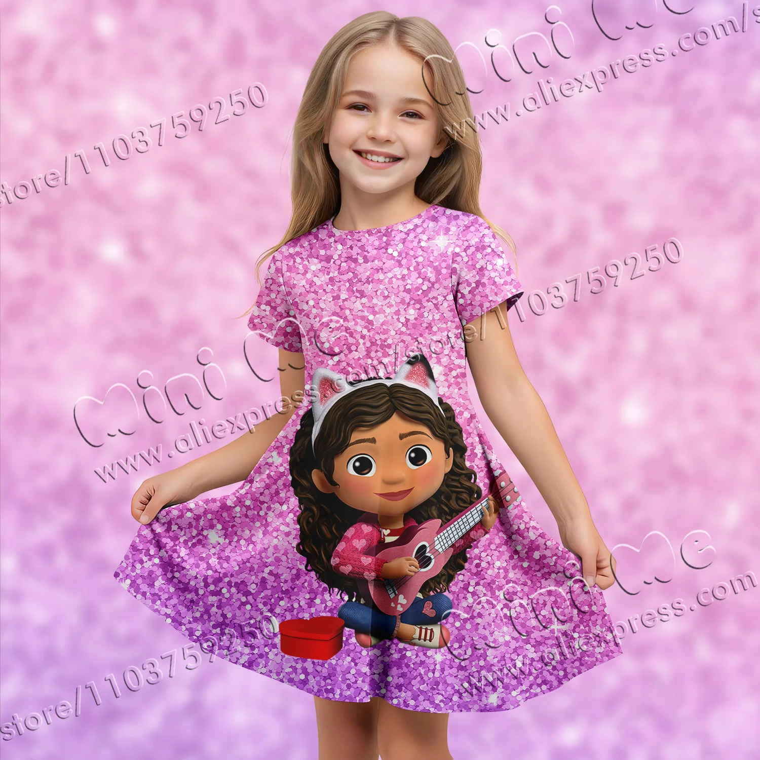 MINISO Authorized Sequins 3d Printing Gabby Dollhouse Elegant Dresses Girl Clothes Summer Dress Holiday Dress 2024 Children