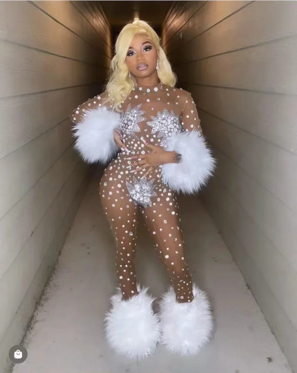 Luxury Rhinestone Feather Stretch Jumpsuit Nightclub Performance Dancer Stage Costume Sexy Mesh Long Sleeve See through Outfit