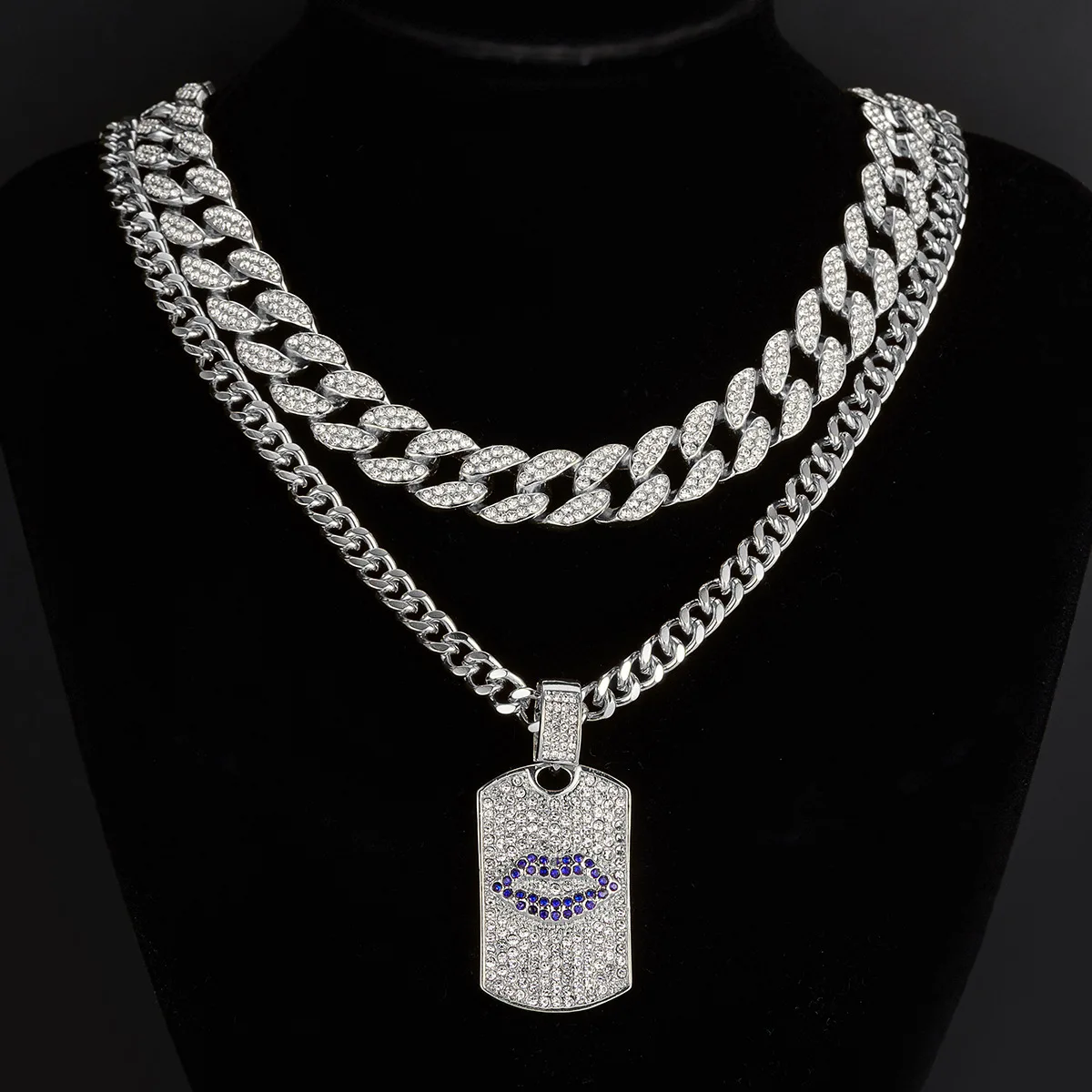 

15mm AAA rhinestone zinc alloy solid choker chunky pvd plated 3 pcs set big pendants necklace hip hop iced out cuban chain link