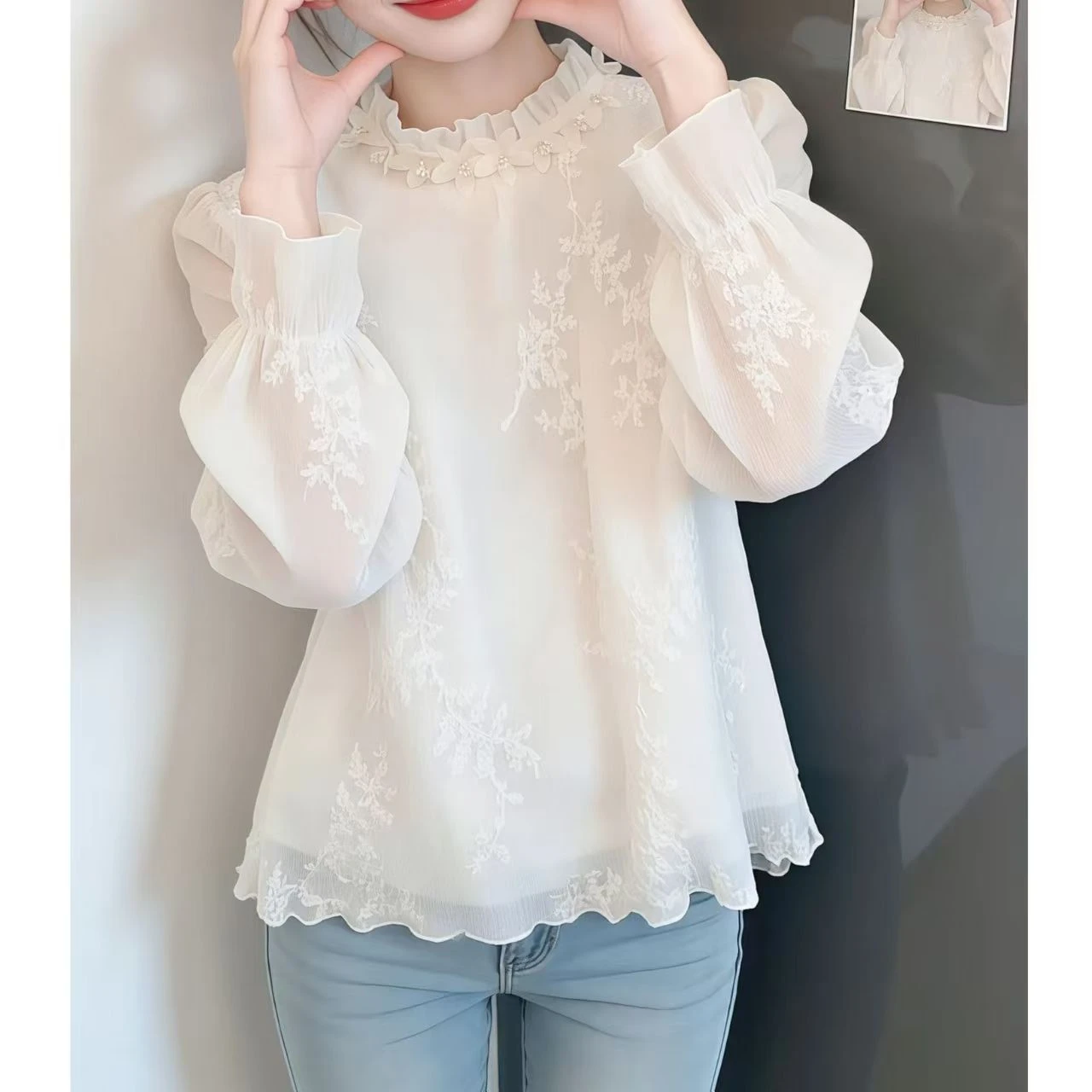 

Spring Summer New sweet ruffle O-neck Long Sleeve Women's Clothing Pullovers embroidery Casual Blouses Shirt