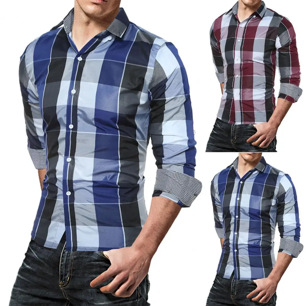 Spring Men\'s Plaid Long-Sleeved Casual Shirt Regular Fit Classic Single Breasted Turn-down Collar Top For Work