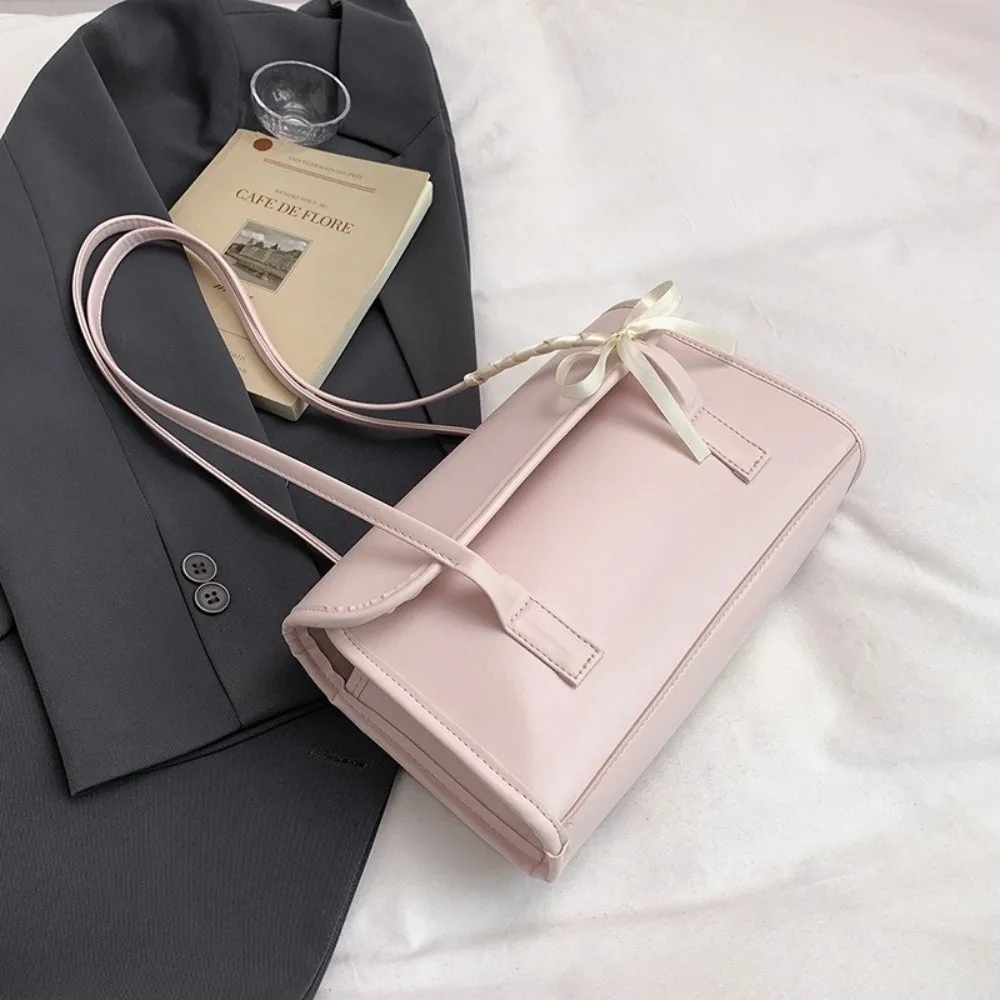 

Fashion Solid Color Bow Ribbons Shoulder Bag Pu Leather Leisure Large Capacity Underarm Bag Y2k Sweet Women's Handbag Popular