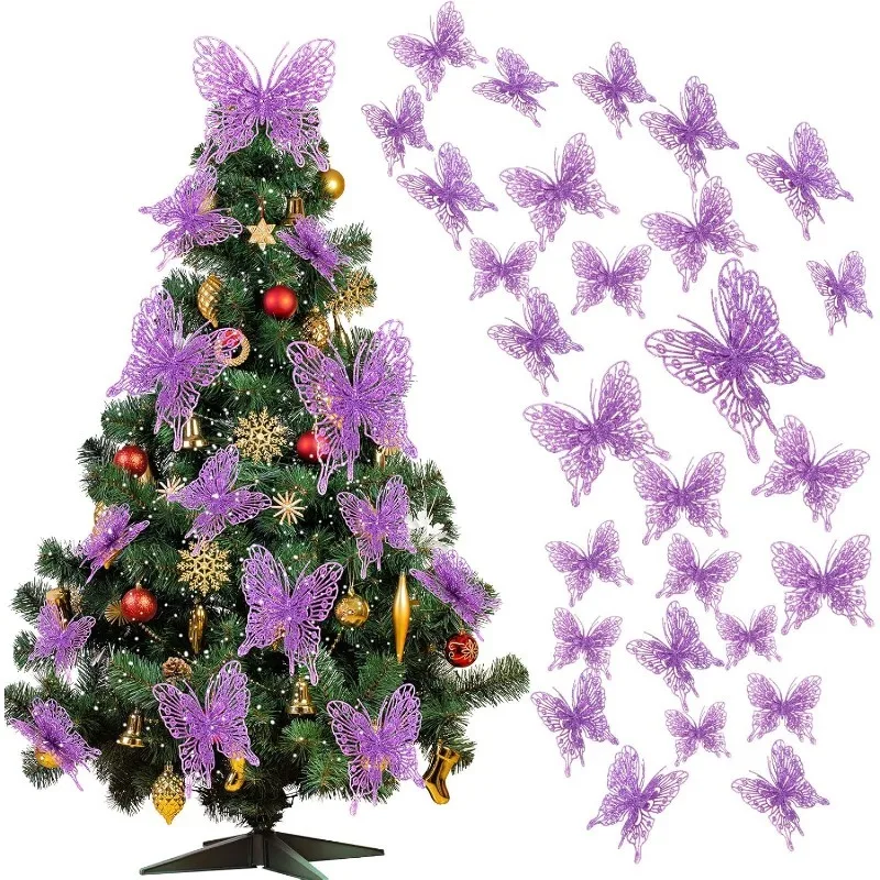 5/10 Stück glitzernde Schmetterlinge, Weihnachtsdekoration, Weihnachtsbaum, funkelnde Schmetterlinge, hängende Ornamente, Heimdekoration, Neujahr 2025, Geschenk – Detail 8