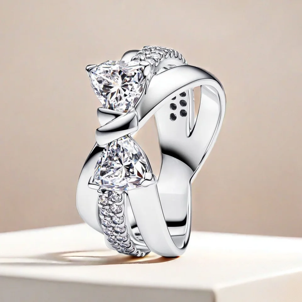 

Charming Jewelry 925 Sterling Silver Rings for Women S925 Pure Silver Sparkling Bow Crossover Ring Wedding Jewelry
