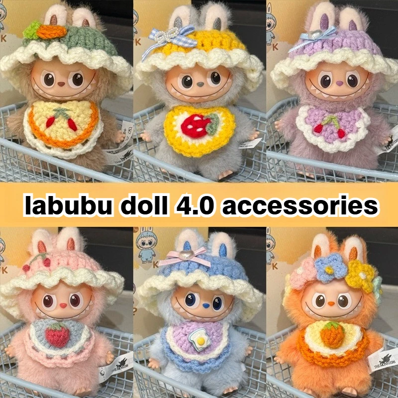 

For 10cm Labubu Doll Mini Exquisite Handmade Knitted Hat Bib Clothing Set Cute Labubu Plush Dolls 4.0 Design Clothes Accessories