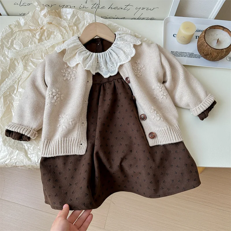 Korean Children's 2026 Autumn Clothes New Knitted Cardigan Floral Dress Trendy Girls Retro Crochet Two-piece Set