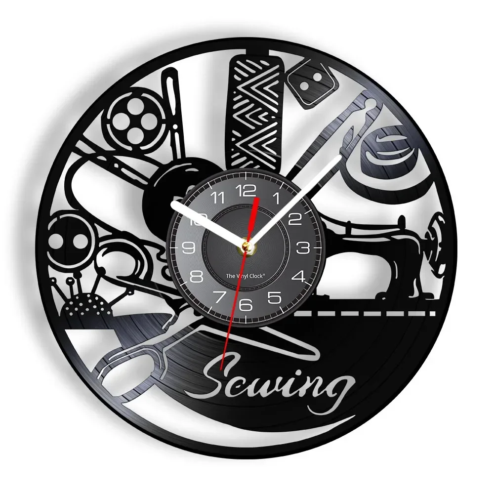 Seamstress Sewing Room Decor Sewing Machine Contemporary Wall Clock Sewing Tools Vinyl Record Clock Fashion Store Wall Art