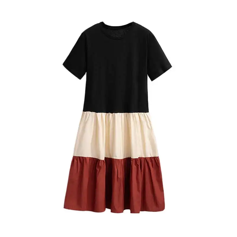 plus Size Women's Summer Dress Color Block Slimming Hidden Meat T-Shirt Dress Korean Style Commute Resin  Color Midi Dress