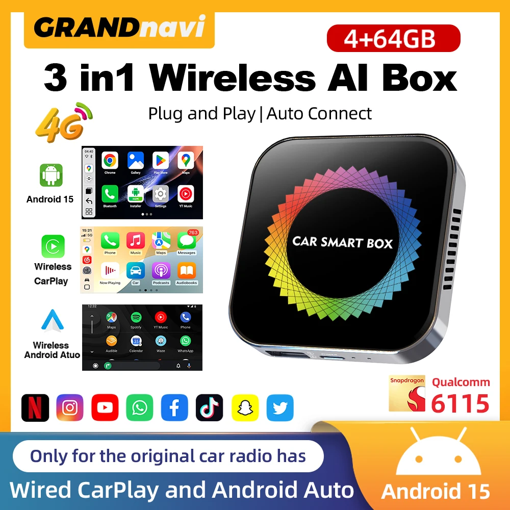 3IN1 Android 15 AI BOX Wireless Android Auto CarPlay Qualcomm 6115 Build-in Play Store For Netflix YouTube For OEM Wired Cars