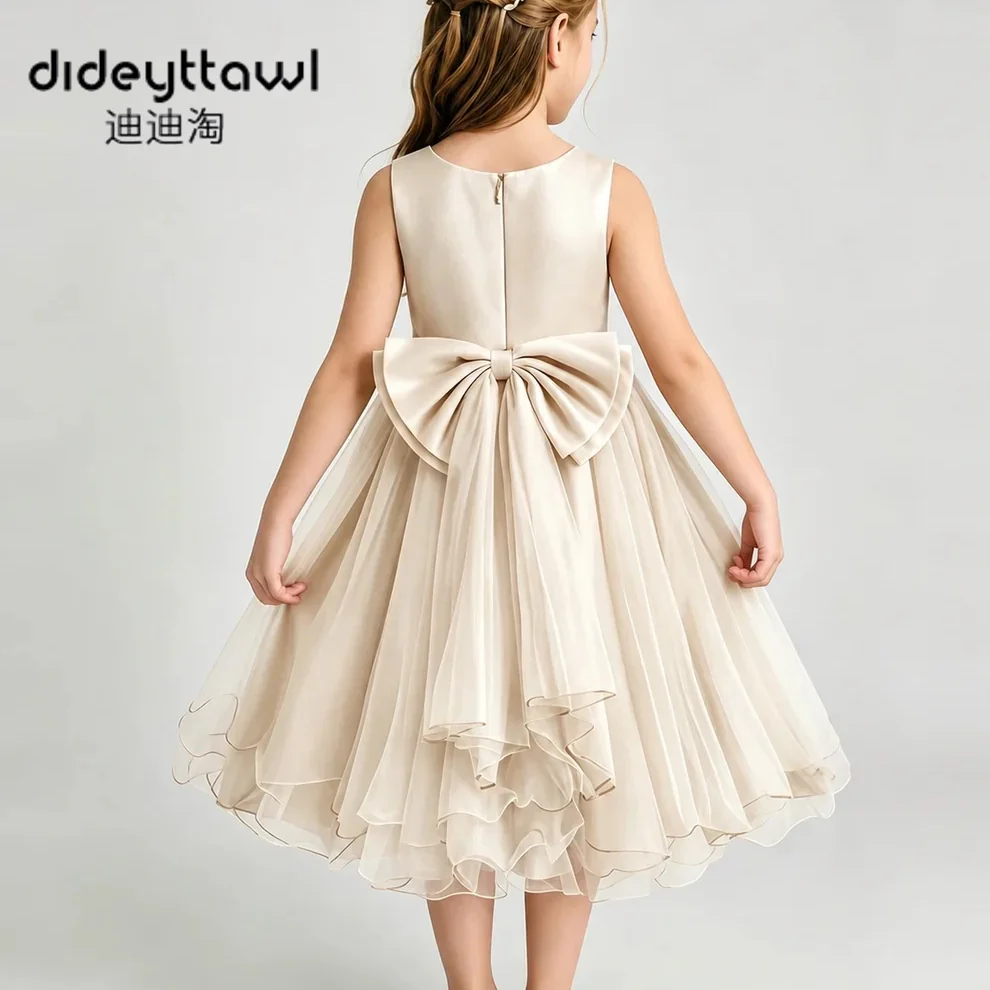 Girls Sleeveless Satin Tulle Flower Girl Dress Multi Color Available Kids Formal Pageant Gown Big Bow Back Ruffle Hem Long Dress