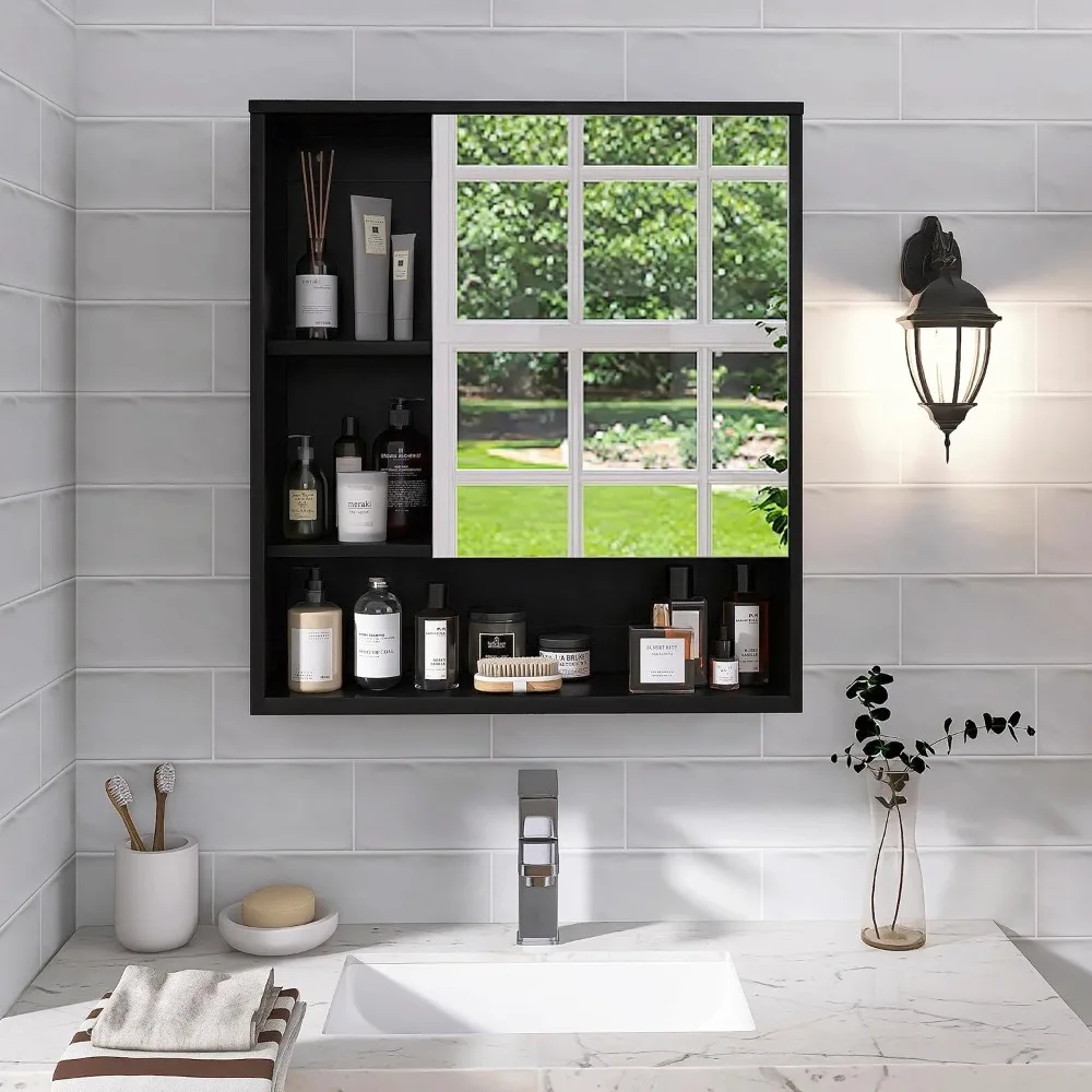 Bathroom mirror cabinet, space-saving bathroom cabinet, wall-mounted bathroom cabinet with mirror door and adjustable shelves