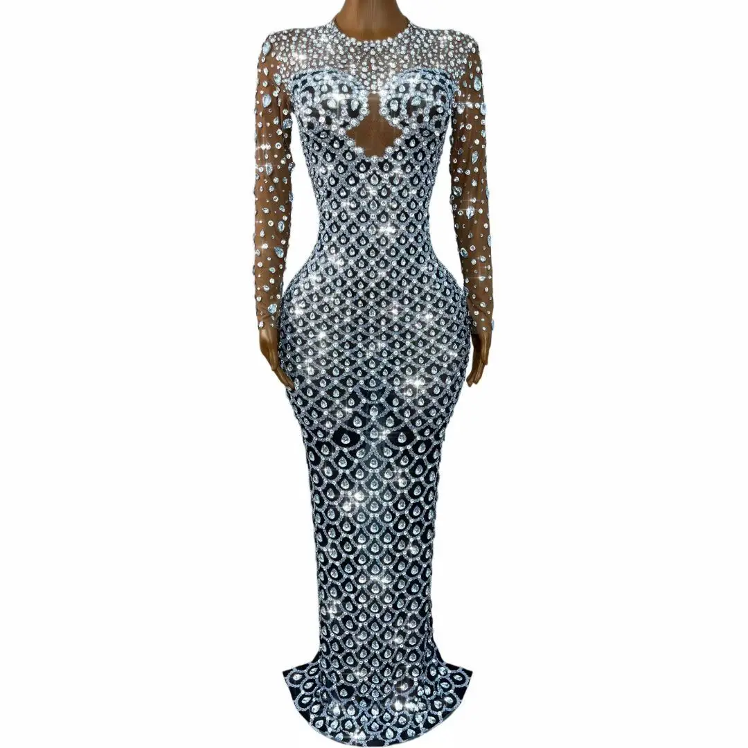 

Yuquan Silver Rhinestone Sheer Mesh Mermaid Maxi Dress Long Sleeve Evening Gown for Women Party Stage Performance