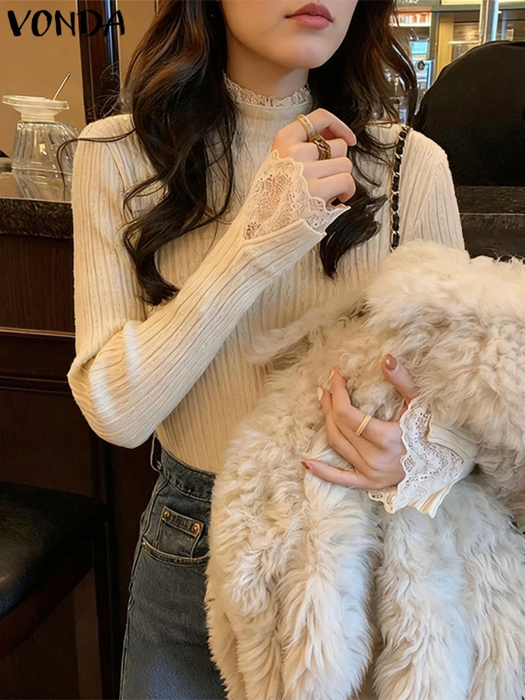 فوندا الدانتيل الياقة المدورة البلوزات النساء المرقعة محبوك البلوفرات 2025 الخريف طويلة الأكمام الحياكة الأساسية لاعبا ملابس خارجية غير رسمية