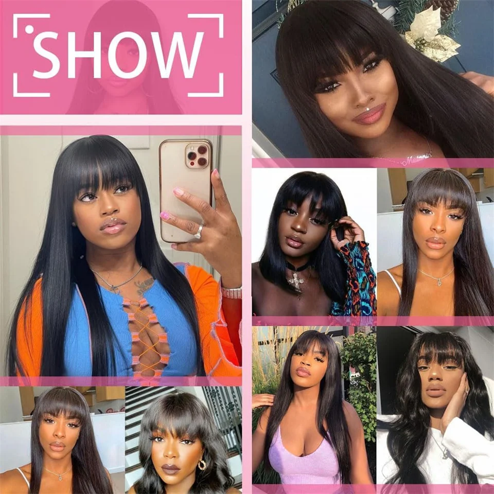 34inch Straight Lace Front Wigs With Bangs Density250 Can Be Dyed 13x4 Glueless Straight Lace Front Wig Human Hair Natural Color