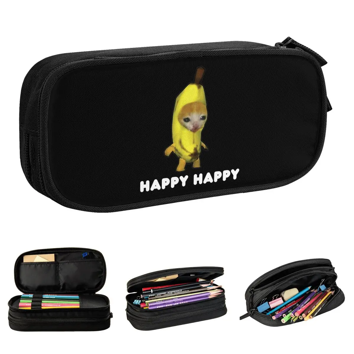 Happy Banana Cat Meme Pencil Cases New Pen Holder Bags Student Big Capacity Students School Gift Pencilcases