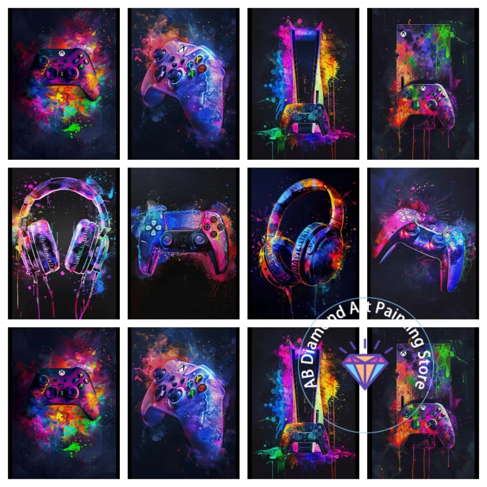 

Watercolor Neon Video Game AB Diamond Drawing Kit Square Round Diamond 5D DIY Earphones Mosaic Handmade Art Gift Home Decor
