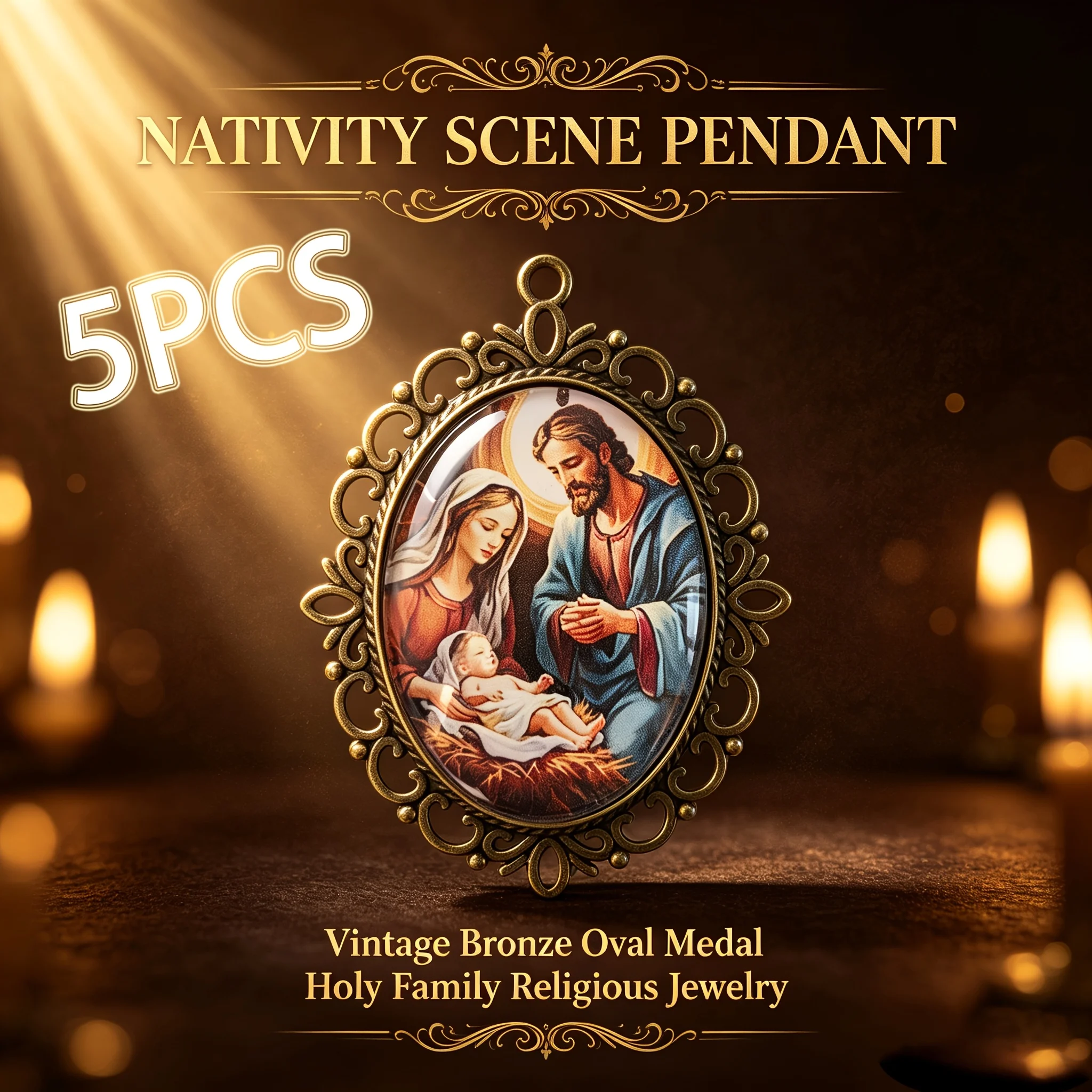 5Pcs Vintage Bronze Holy Family Oval Pendants, Nativity Scene Religious Medal Charms, Catholic Christian DIY Jewelry Findings F