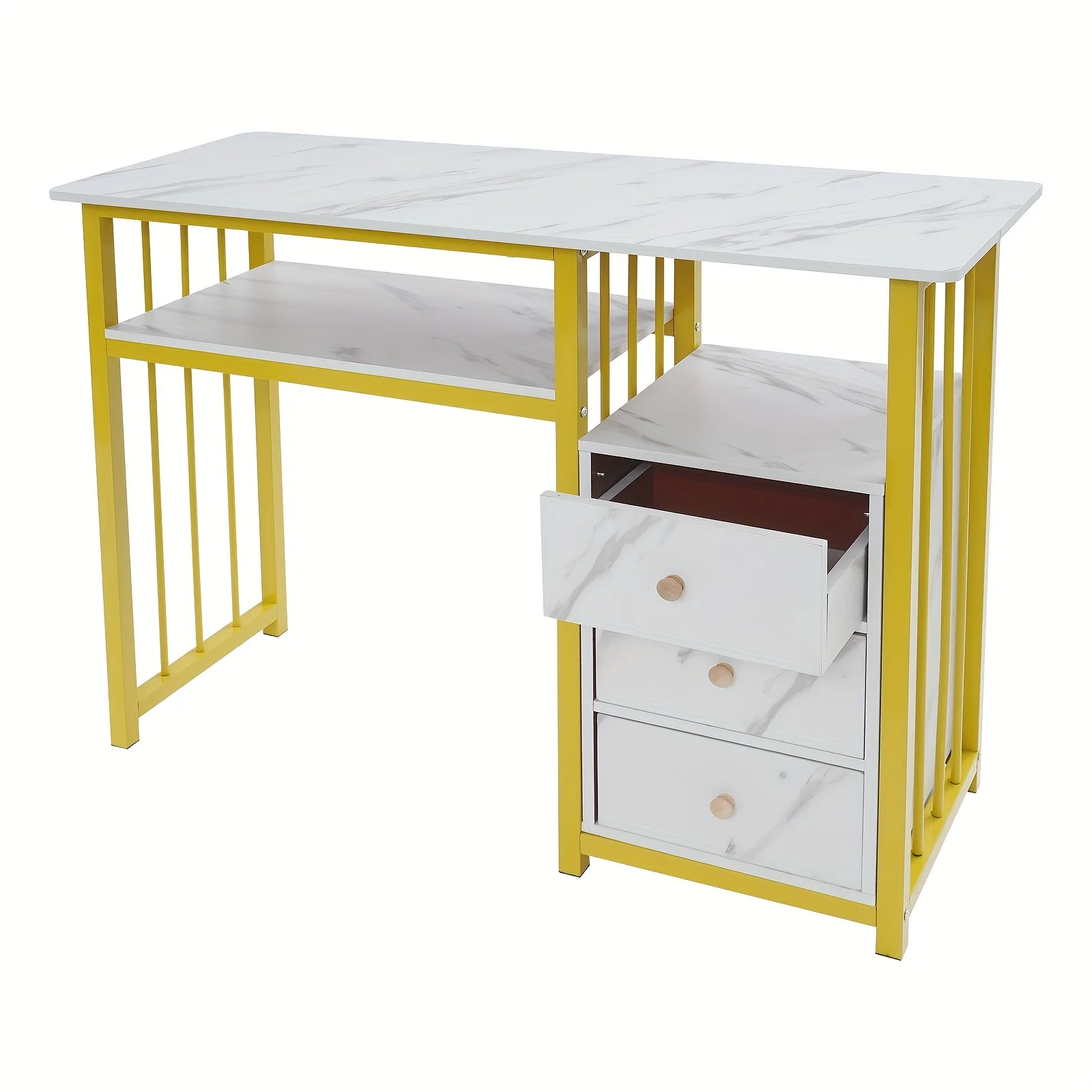 Steel Frame and Veneer Top,Modern Marble Textured Nail Table,  Gold/White Finish for Salon, Spa, Home Beauty Station