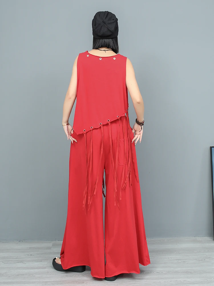 Personalized Design Irregular Tassel Sleeveless Top + Holes Wide Leg Pants Two-piece Set Women 2024 Summer Red Pant Set LX1692