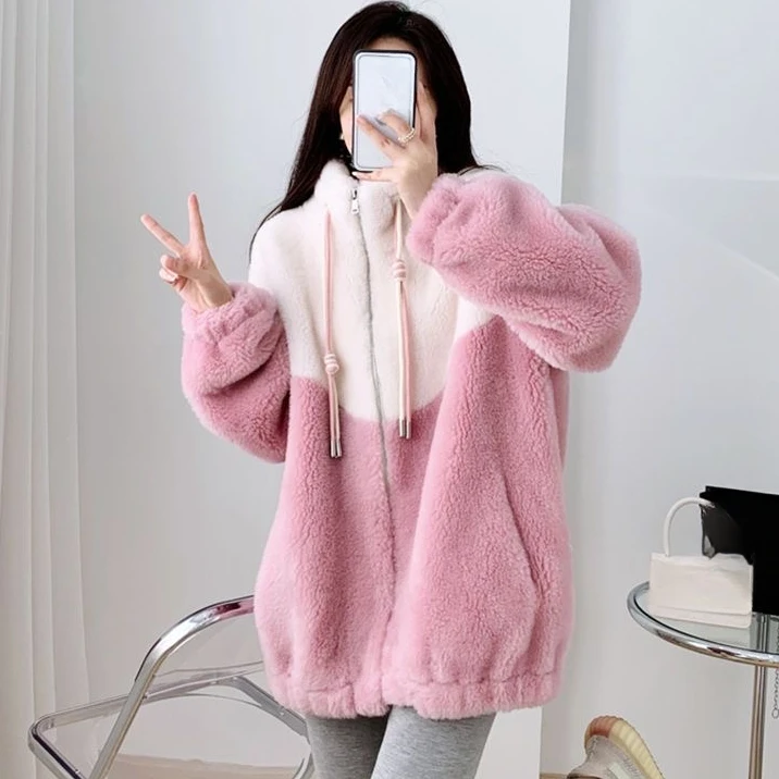 Autumn Winter Lamb Wool Cardigan Jacket Women's Thicken Stand Collar Color blocking Fleece Hoodies Sweatshirt Women y2k Coats