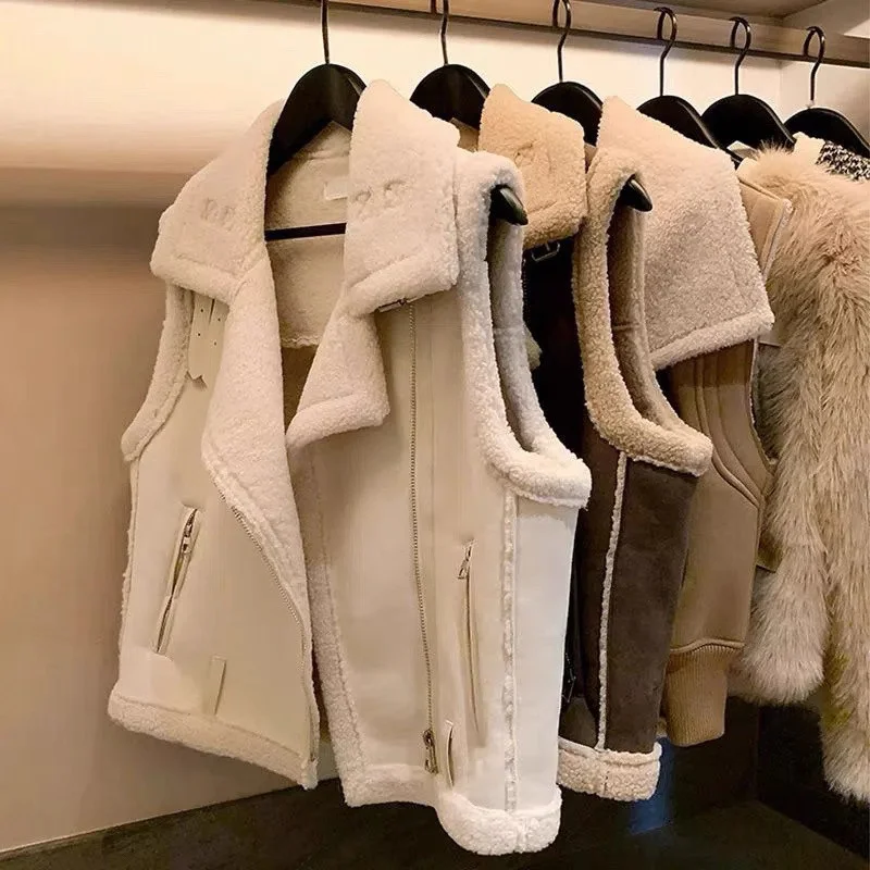 

Fashion Elegant Women Thicken Warm Zipper Waistcoats Coat Female Faux Leather Lambswool Patchwork Sleeveless Casual Vest Jacket