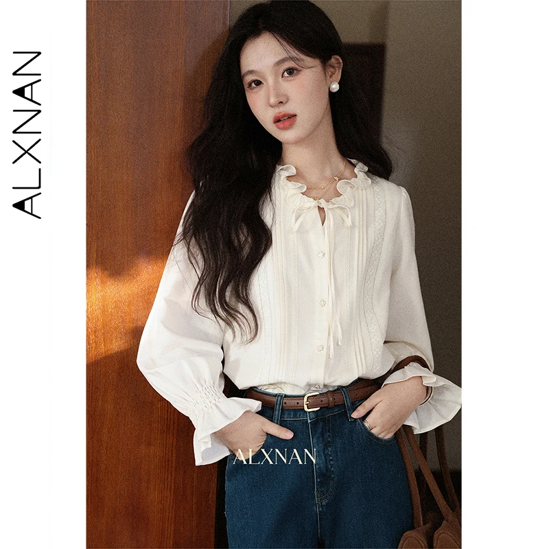 

ALXNAN White Wood Ear Shirt Women Chic Button-down Ruffled Laces Puff Sleeve Blouses 2025 Autumn Elegant Long Sleeve Tops L57222