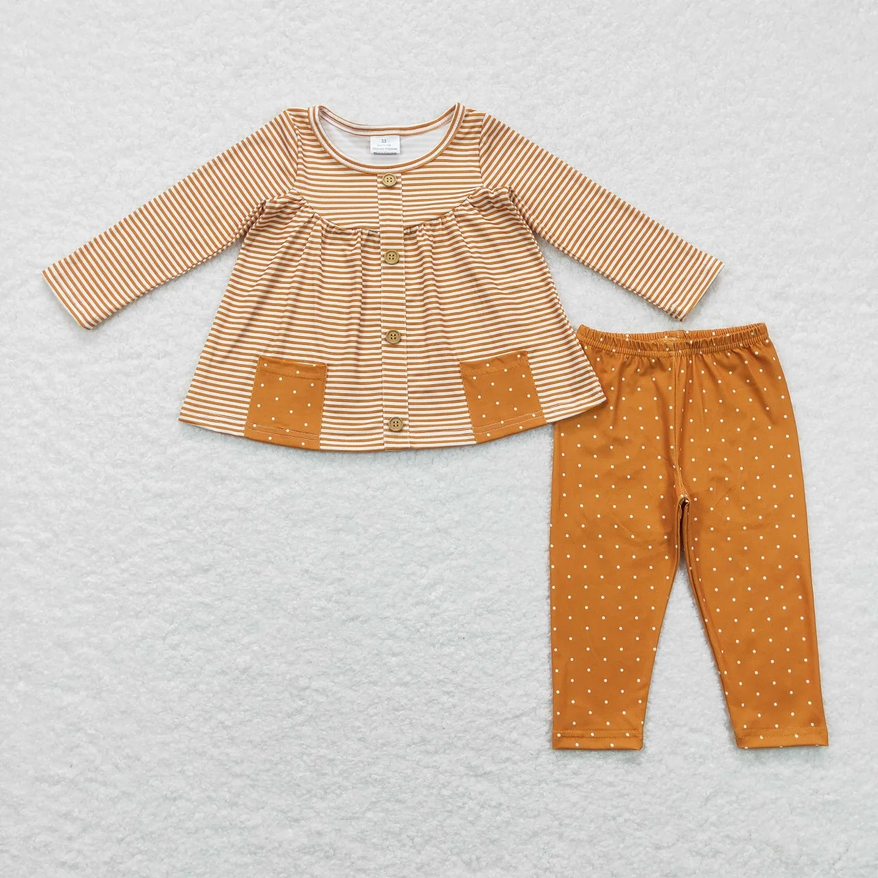 

Wholesale Baby Girl Stripes Sets Long Sleeves Pocket Tunic Orange Legging Pants Children Kids Two Pieces Toddler Outfit