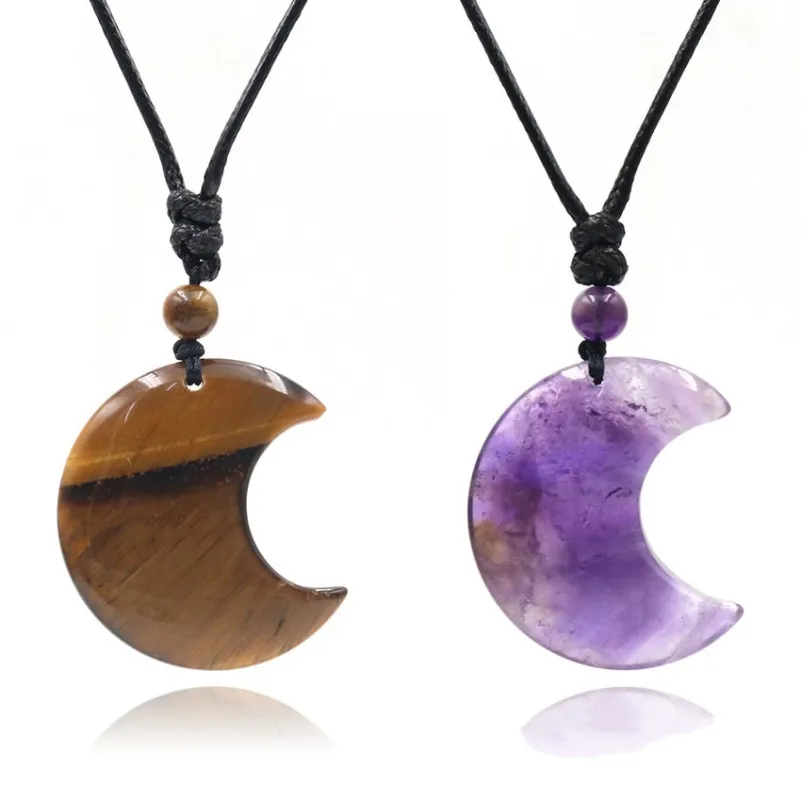Collar de cuerda de cristal de luna creciente, colgante de piedra Natural, ojo de tigre, amatistas, cuarzo rosa, obsidiana negra, collar envolvente