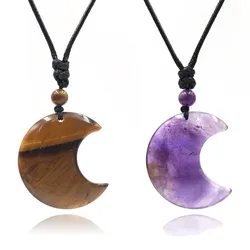 Crescent Moon Crystal Rope Necklace Natural Stone Pendant Tiger Eye Amethysts Pink Quartz Black Obsidian Opal Rope Wrap Necklace