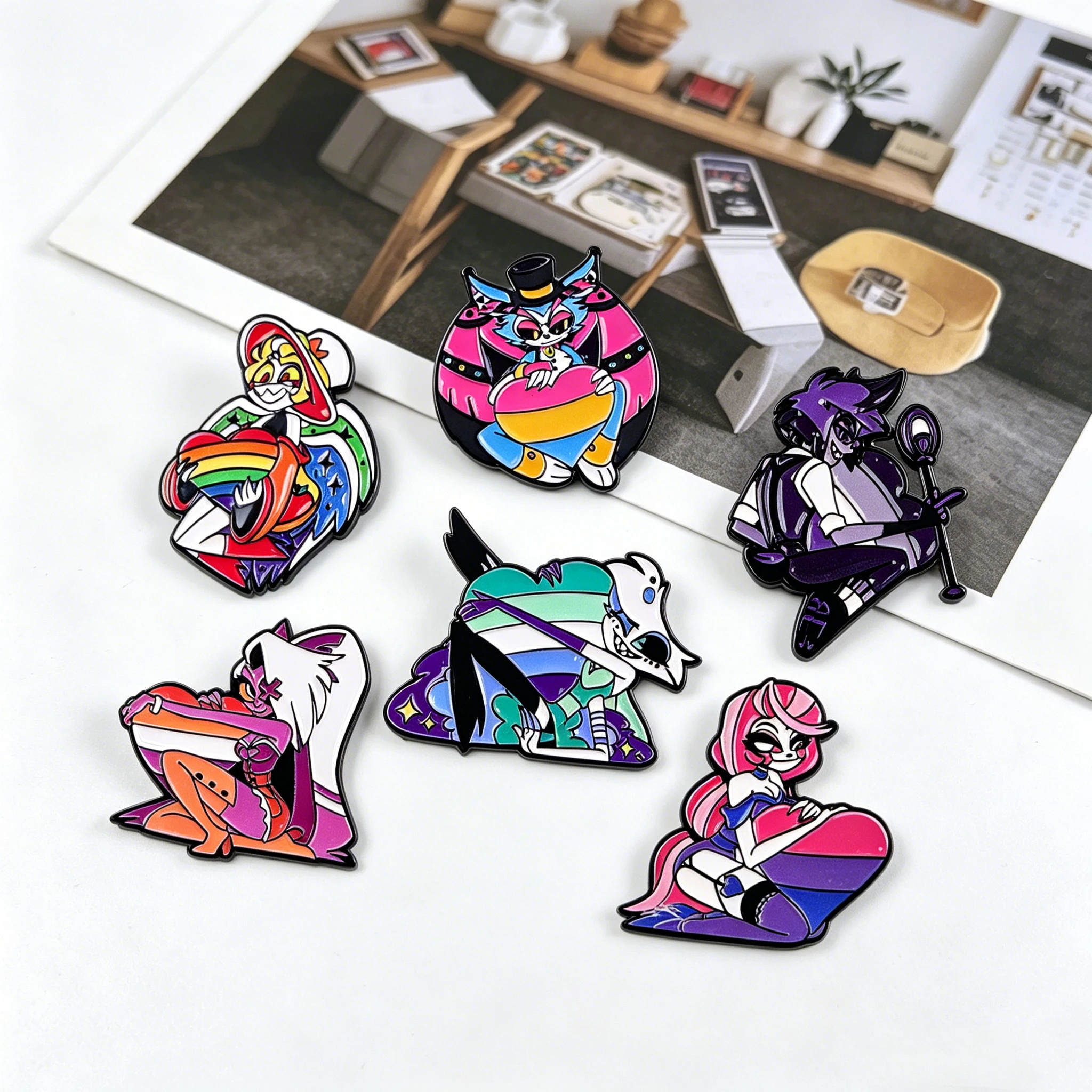 1-6pcs/Set Rainbow Heart Demon Enamel Pin Cartoon Brooches L