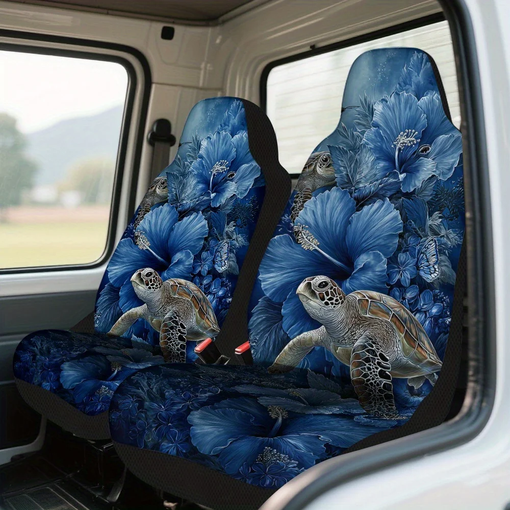 Set Of 2 Car Seat Covers Featuring An Underwater Turtles And Flowers Design – Complete Set For Two Front Seats, Universally Fitt