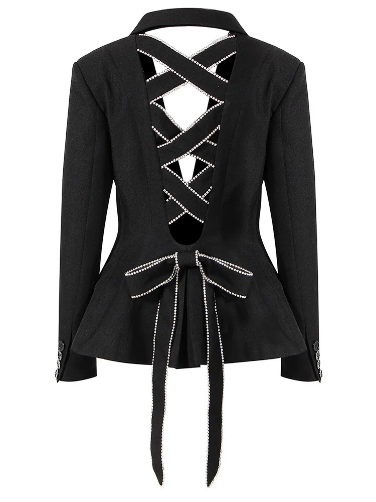 YERMORA Black Bow Hollow Out Rhies Blazer Women New Lapel Long Sleeve Loose Fit Jacket Fashion Spring Autumn 2024