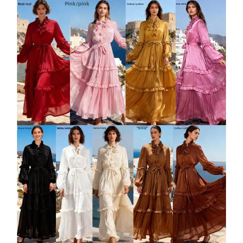 2026 ホリデー スレ フローラルタイ スタンドカラー マルチレイヤー パールレース ラージスイング ピュアカラー レディース ドルベルベット生地 ロングスカート