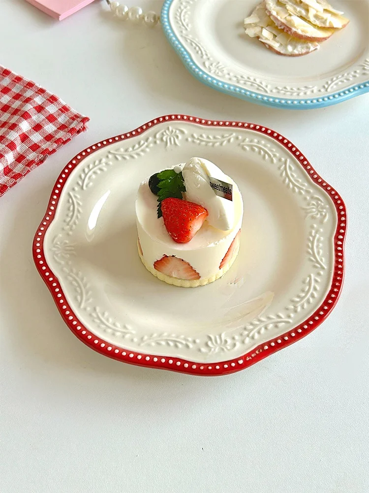 Plato de Postre Vintage de Encaje Rojo para el Té de la Tarde, Vala Occidental de Cerámica, Estilo Francés, Borde con Form...