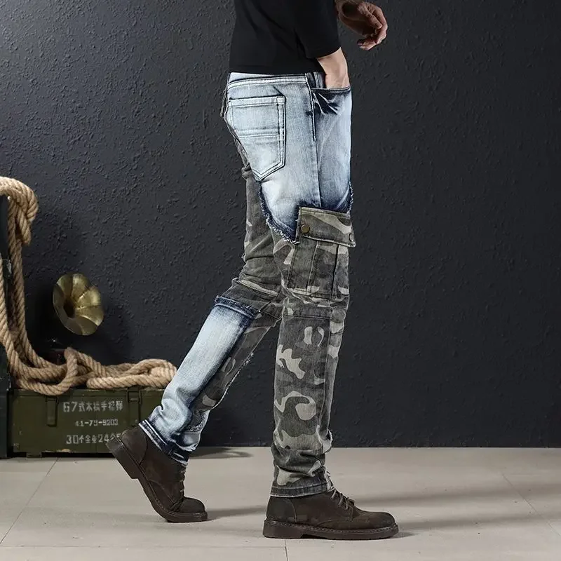 Splicing Camouflage Jeans for Men Graphic Tapered Male Cowboy Pants with Pockets Trousers 90s Streetwear Stylish Spring Autumn