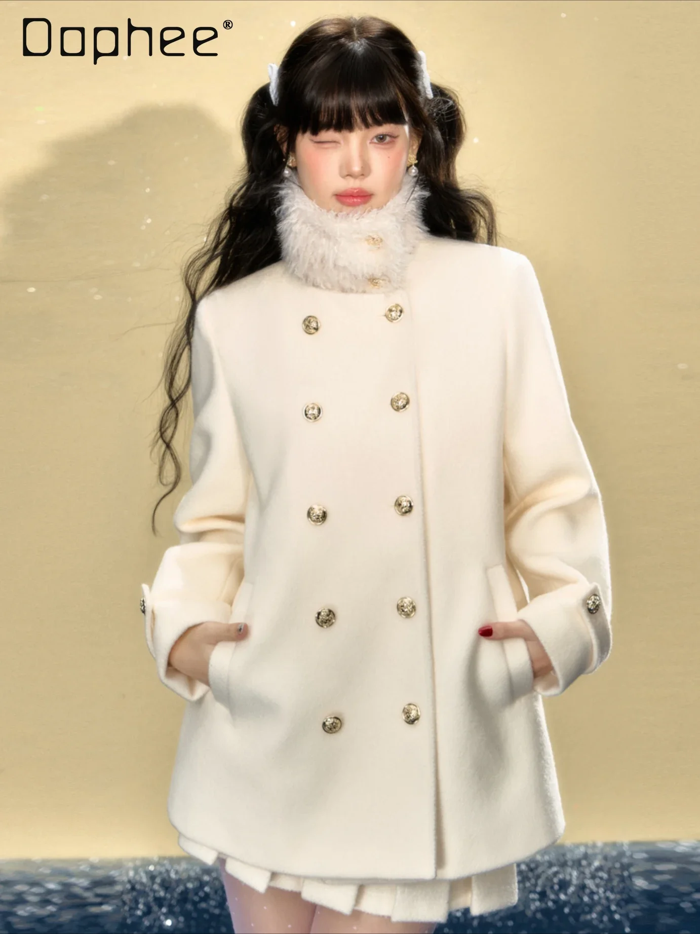 

Women 2024 Winter Wool Coat Plush Stand Collar with Belt Double Breasted Slim Jackets Korean Fashion Elegant All Matching