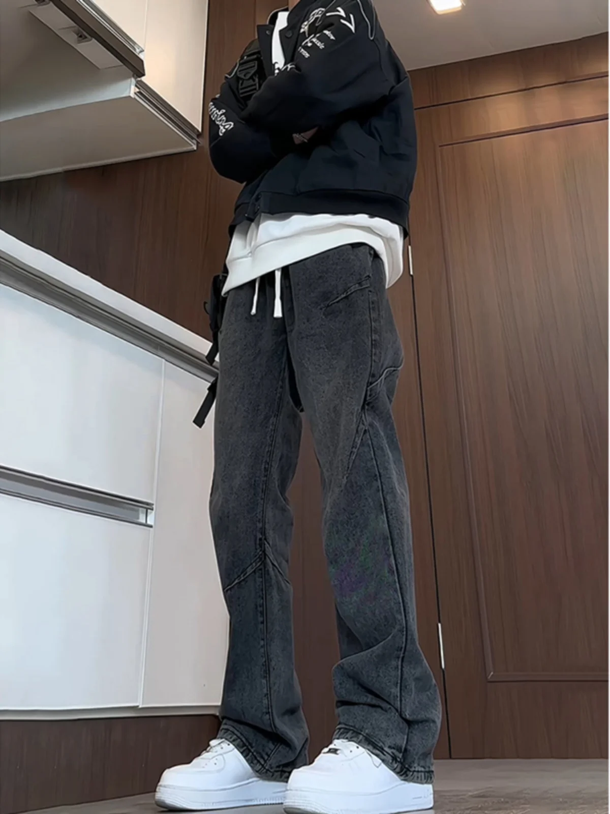 

Американские рабочие джинсы свободного прямого кроя для мужчин, стильные, с высокой талией, расклешенные, черные, повседневные, модные брюки