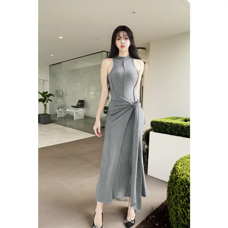 

Hot Girl Modal Sleeveless Dress for Women's Summer O-neck Slim Fit Fake Two-piece Hip Wrap Long Skirt Fashion Female Clothes