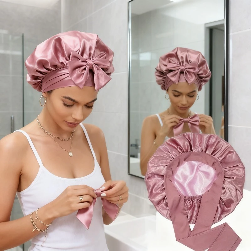 Women's Double Layer Satin Shower Cap with Tassel Bow High Elasticity Waterproof Hair Cap for Daily Use