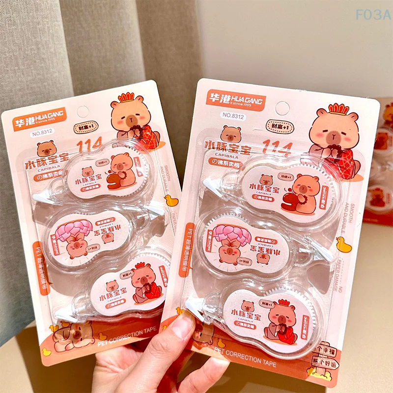 3Pcs Cute Cartoon Capybara Corrector Kawaii Correction Tape Decoration Stickers Student Stationery Office Supplies Gifts