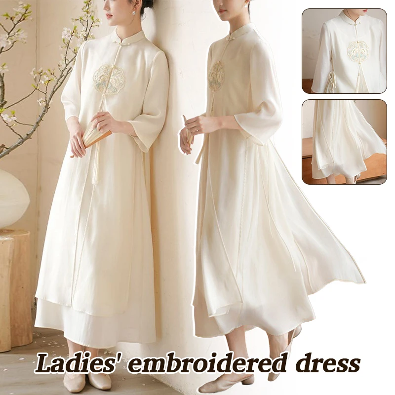 

New Chinese Stand-Up Collar Dress Modified Cheongsam Long-Sleeved Dress Ladies Classical Embroidery Cheongsam Lady Chiffon Dress