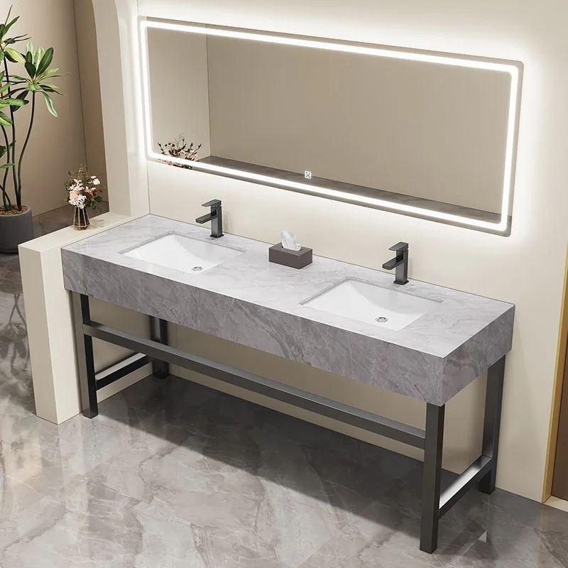 Modern Bathroom Cabinet Public Toilet Sink Double Ceramic Basin Marble Sink Integrated Floor Bathroom Cabinet Wash Furniture