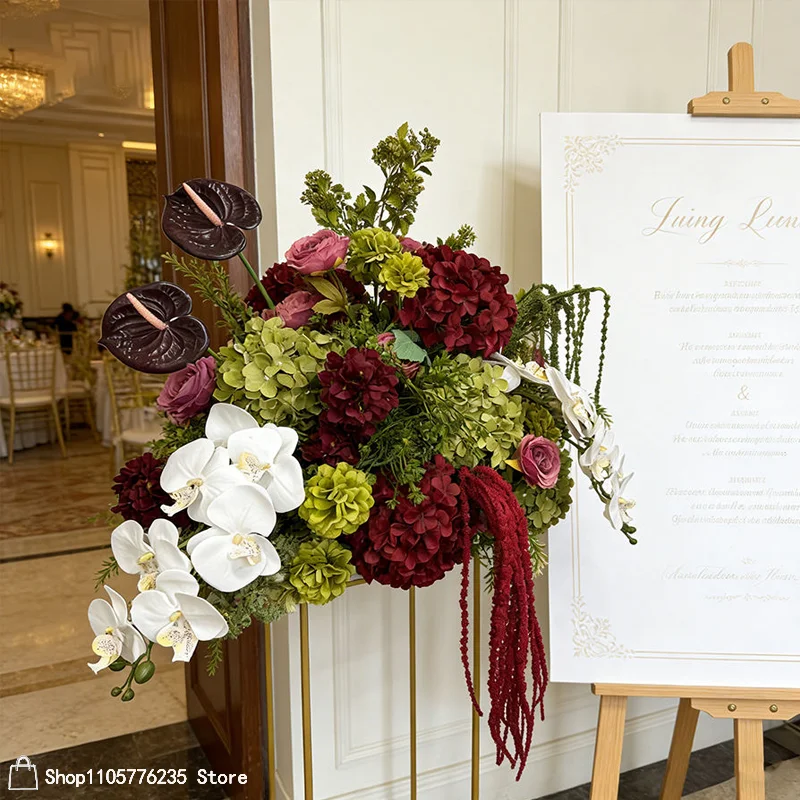 Grüne Burgunderrote Künstliche Blumenarrangements Anthurium Hortensie Orchidee Tischdekoration Blumenball Hochzeit Esstisch Blumendeko – Detail 2